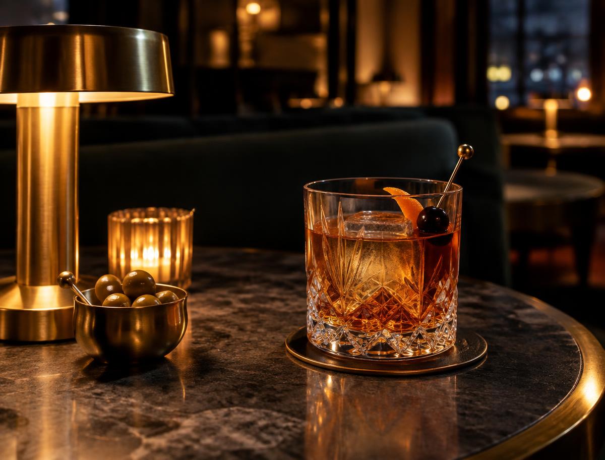 Hochwertiger Drink in warmer Lounge-Atmosphäre