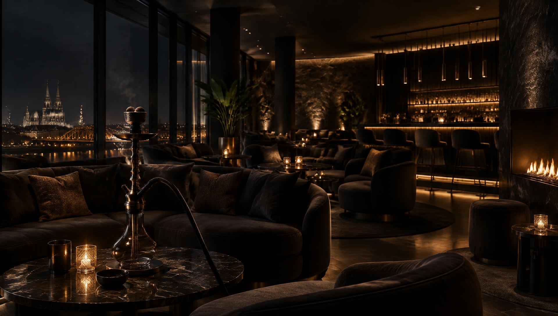 Elegante dunkle Lounge mit warmem Licht und Shisha
